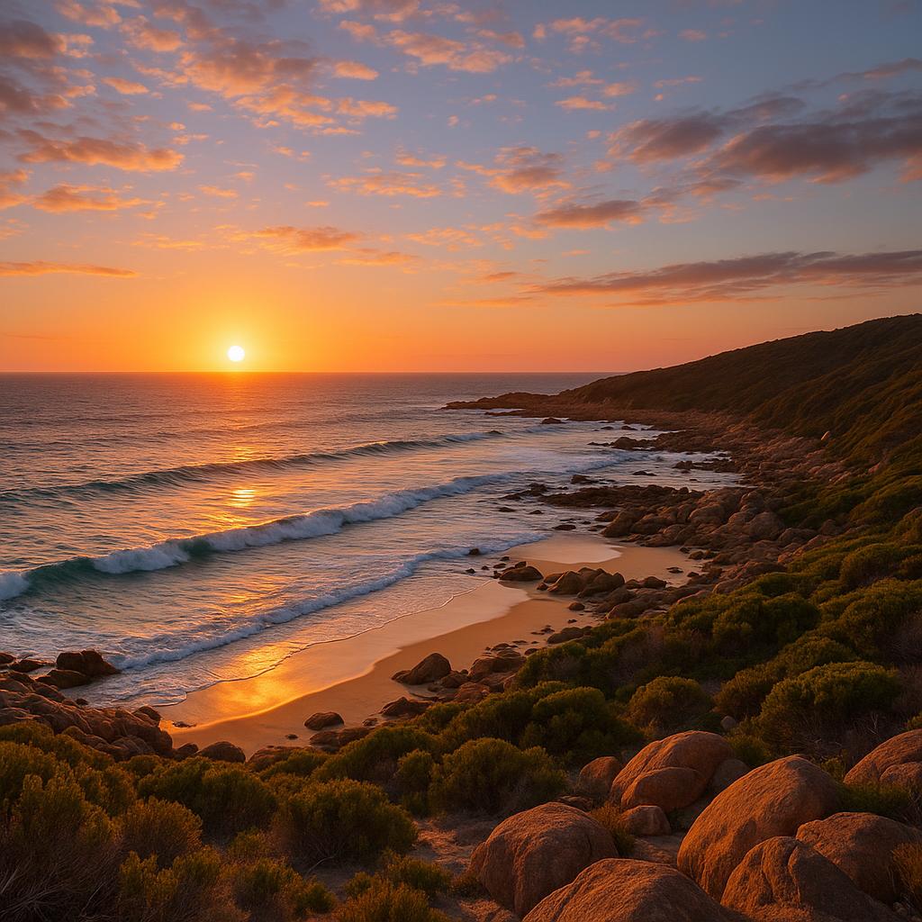 Coastal view of Quedjinup at sunset