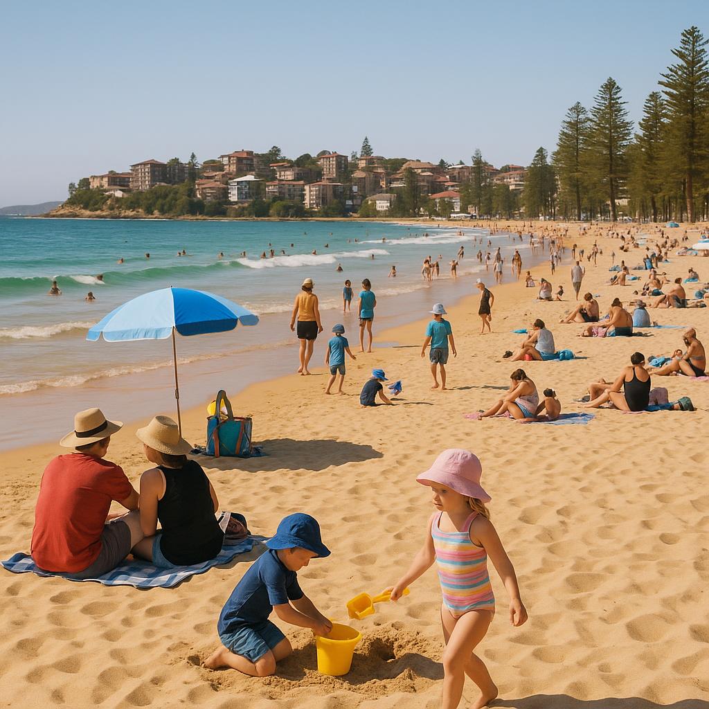 Queenscliff Beach bustling with activity.