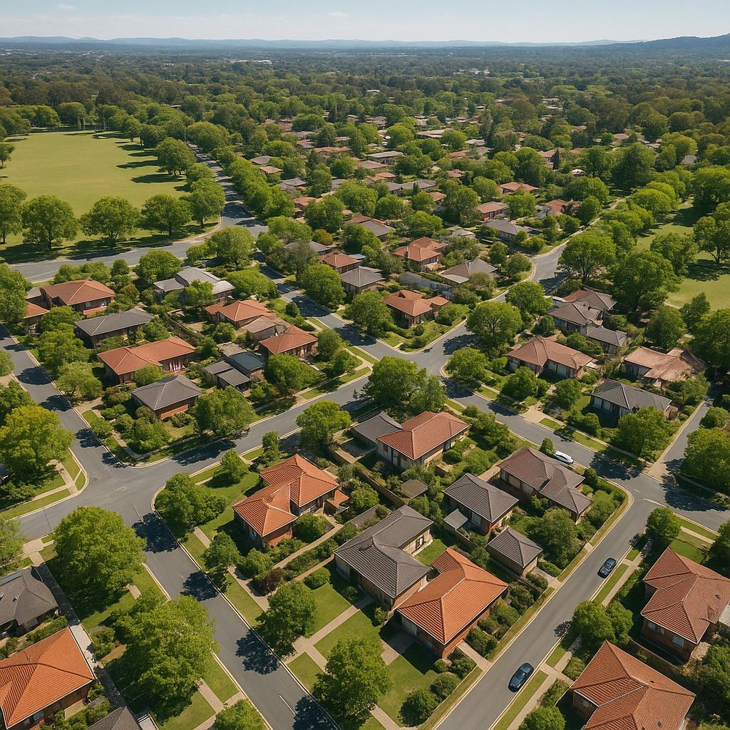 Aerial view of Reid showing homes and green spaces.