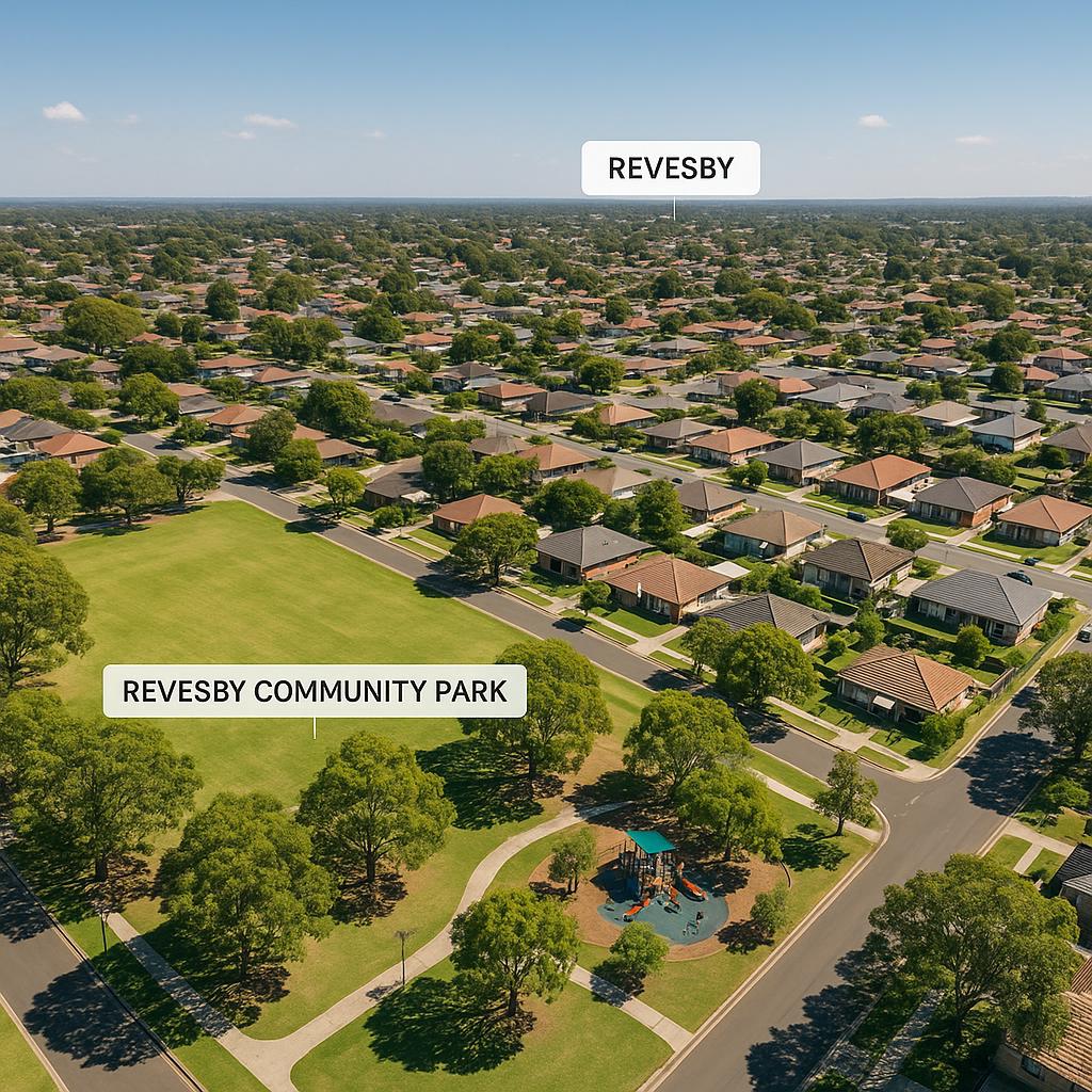 A view of family-friendly Revesby with parks and residential buildings.