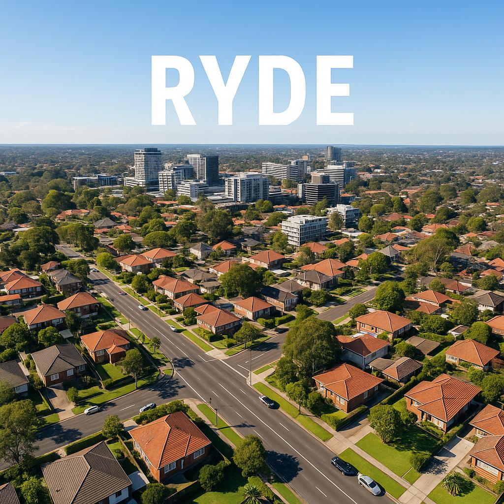 Aerial view of Ryde, New South Wales showcasing residential areas and parks
