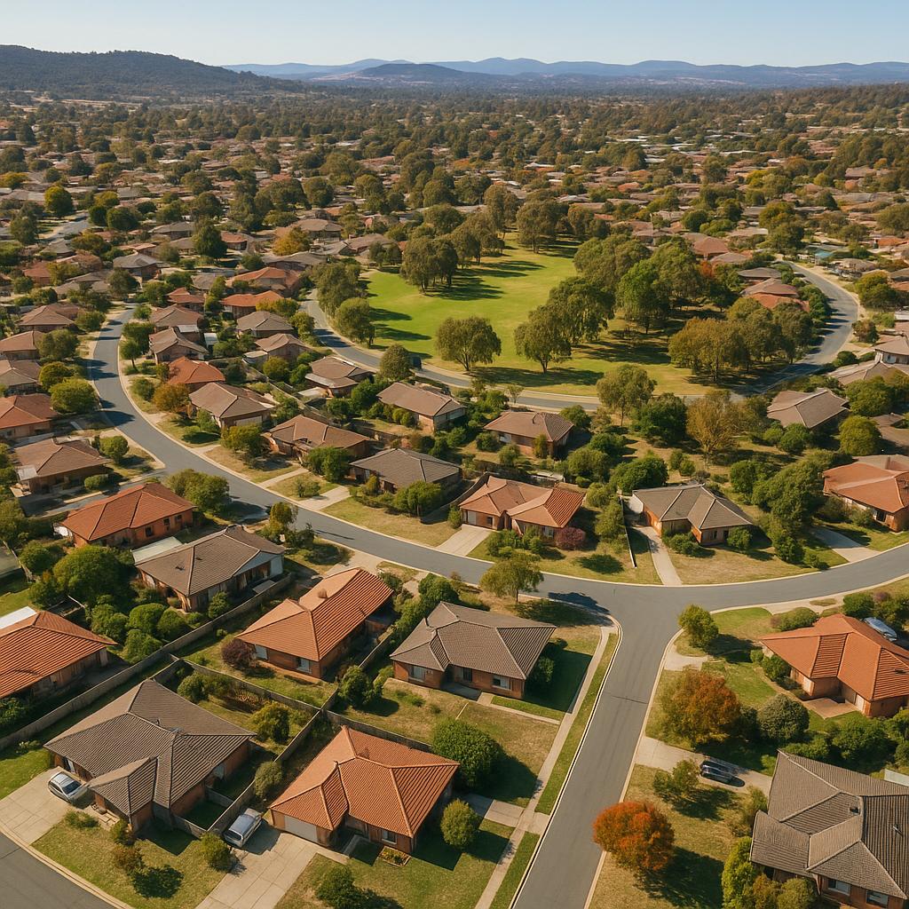 Aerial view of Scullin in the ACT with homes and green spaces