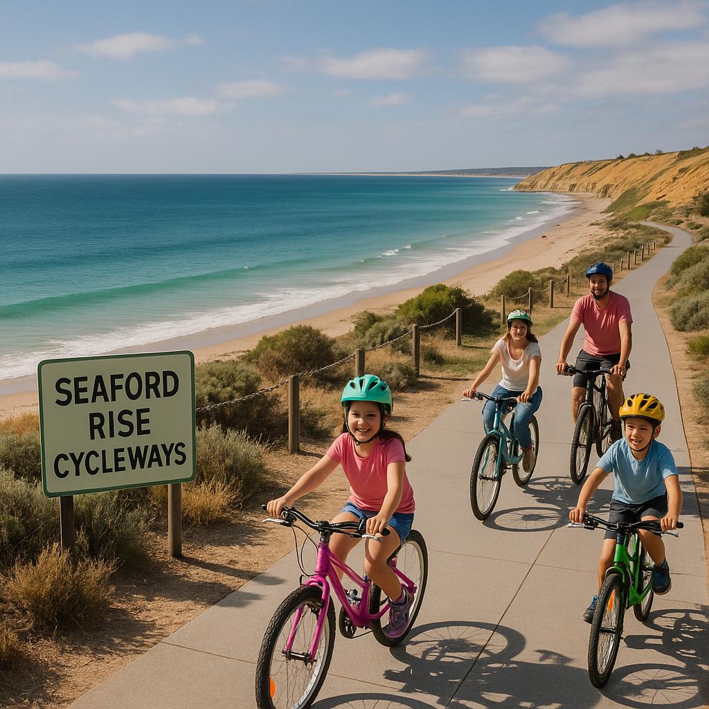 Families cycling along the scenic cycleways in Seaford Rise