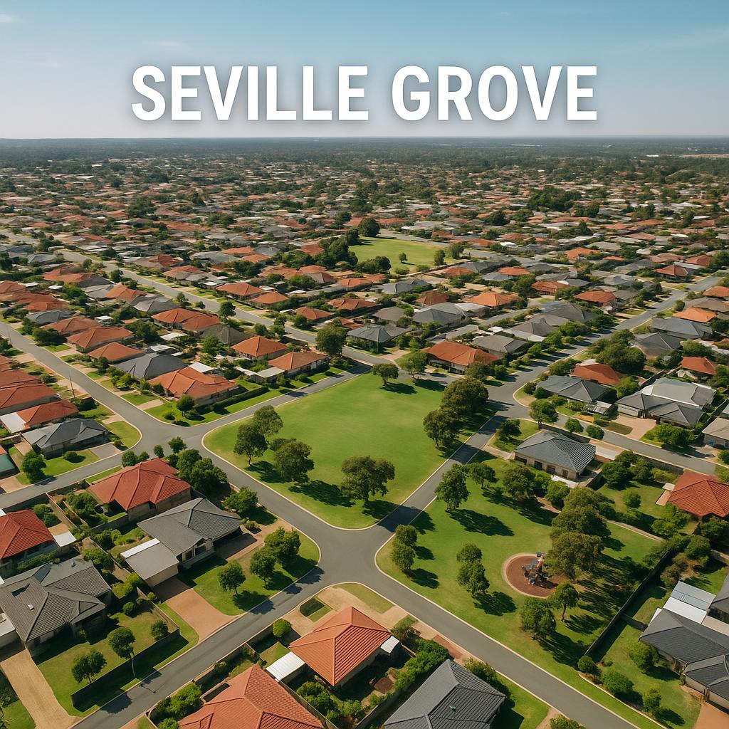 Aerial view of Seville Grove showing local amenities and homes