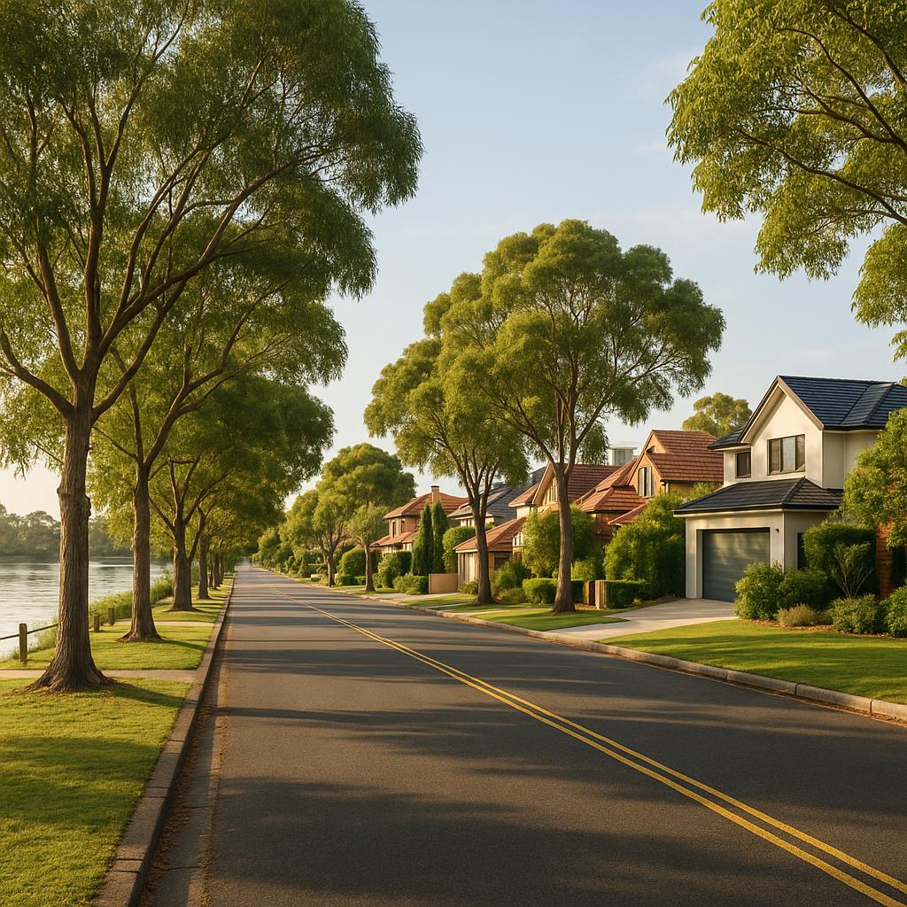 Established riverside suburban street in Perth with family homes and leafy trees