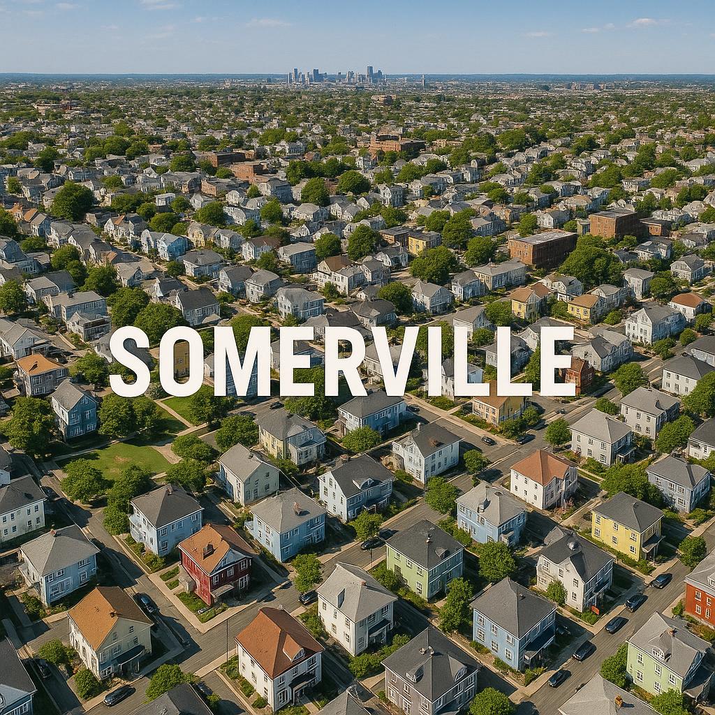 Aerial view of Somerville highlighting residential areas and parks