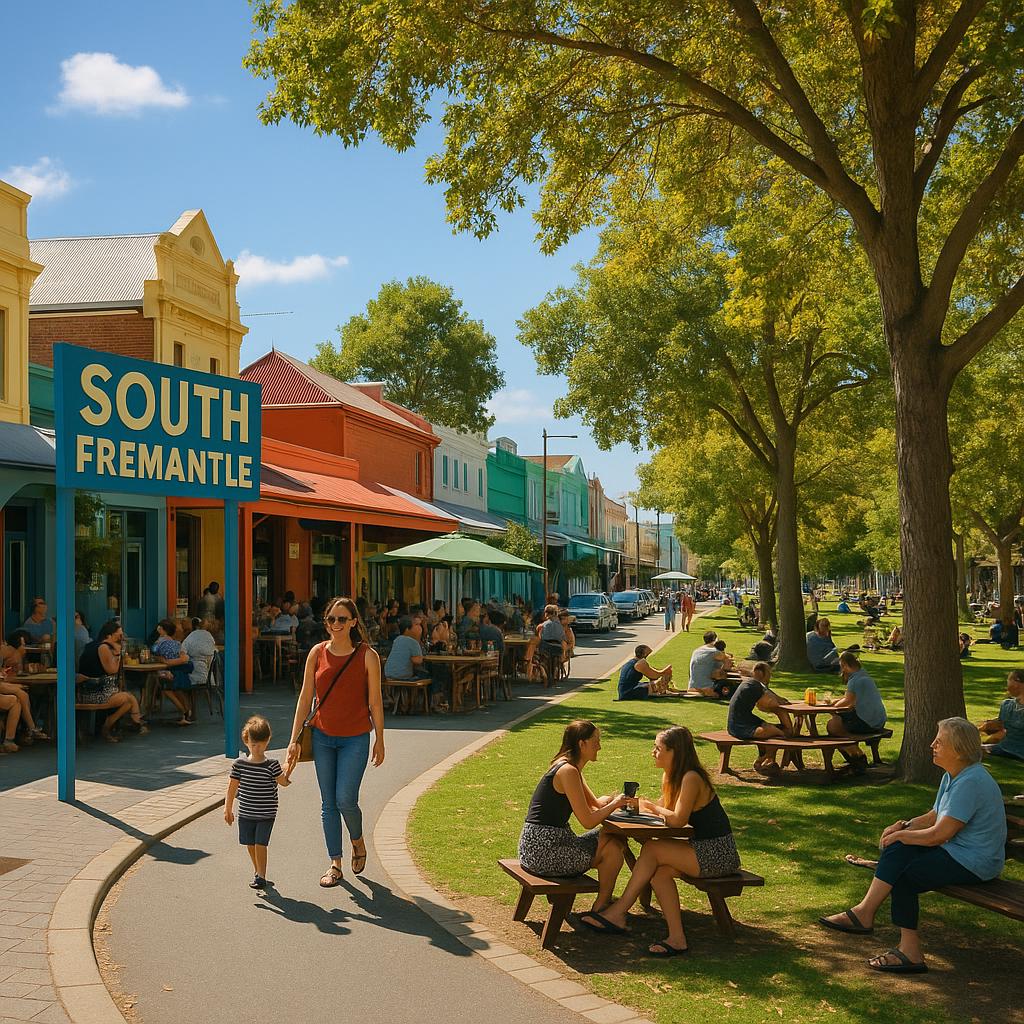 Community scene in South Fremantle with local cafes