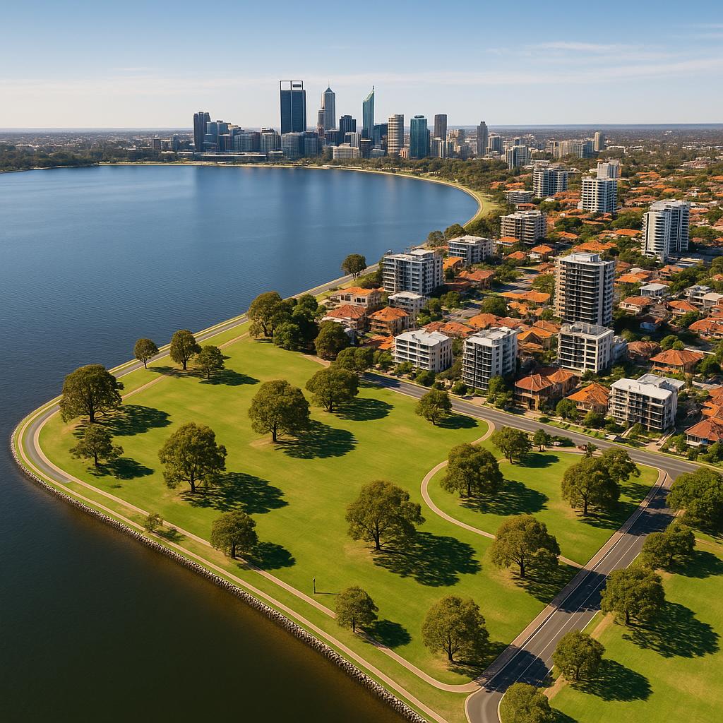 Aerial view of South Perth with parks and river