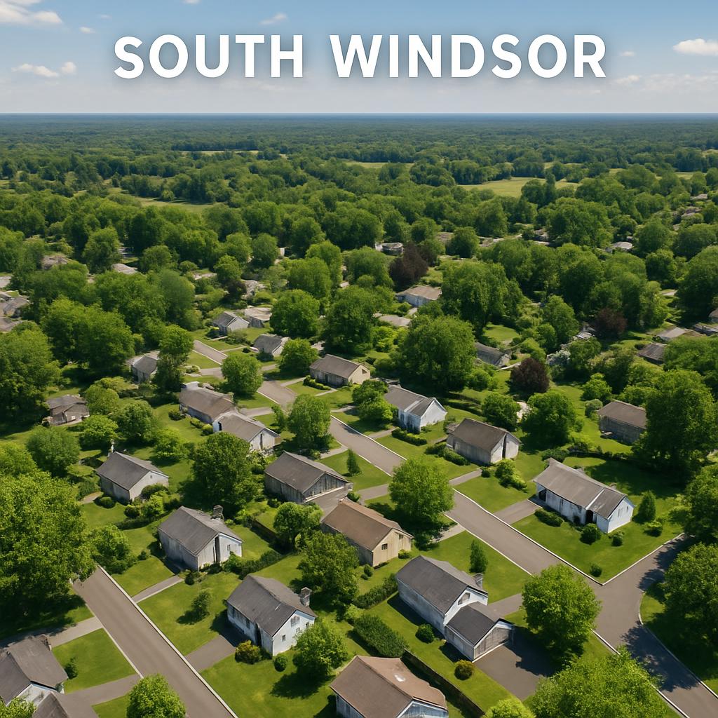 Aerial view of South Windsor with green spaces and homes