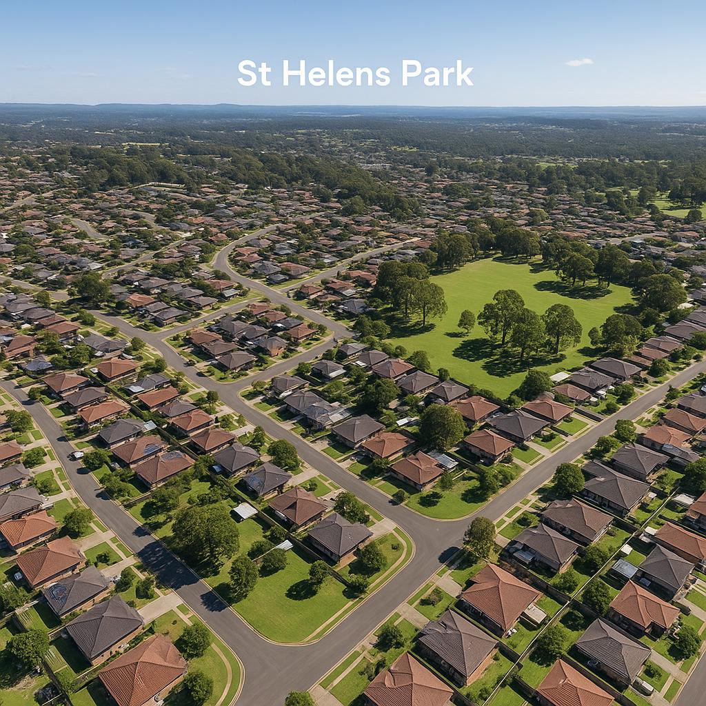 Aerial view of St Helens Park, NSW, showcasing homes and green spaces