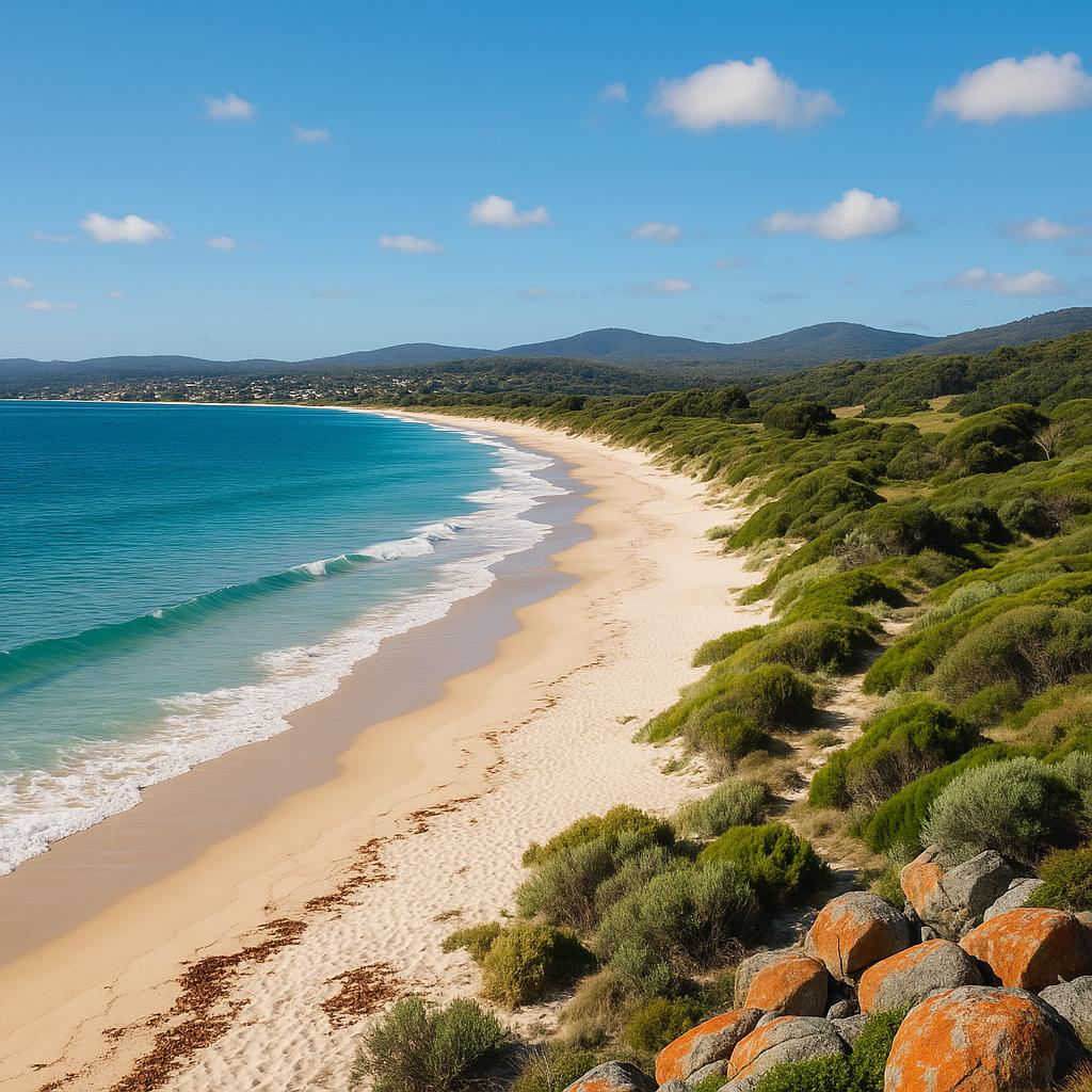 Scenic view of St Helens beach with azure waters and lush greenery