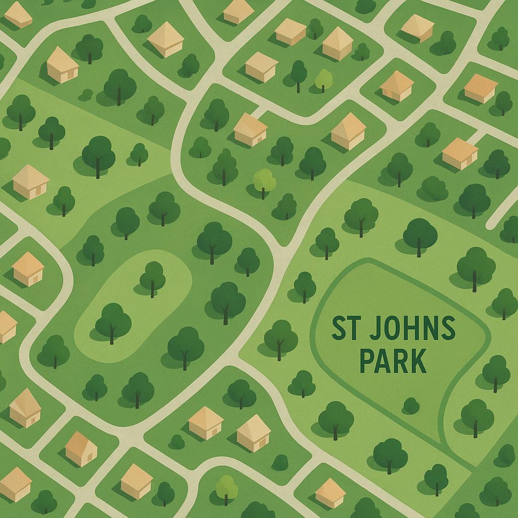 Aerial view of St Johns Park showing its community facilities