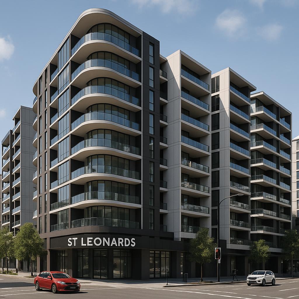 Modern apartments in St Leonards with city skyline viewed at sunset