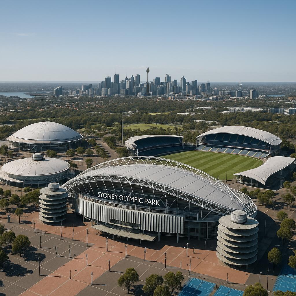 The skyline of Sydney Olympic Park featuring iconic sports venues.