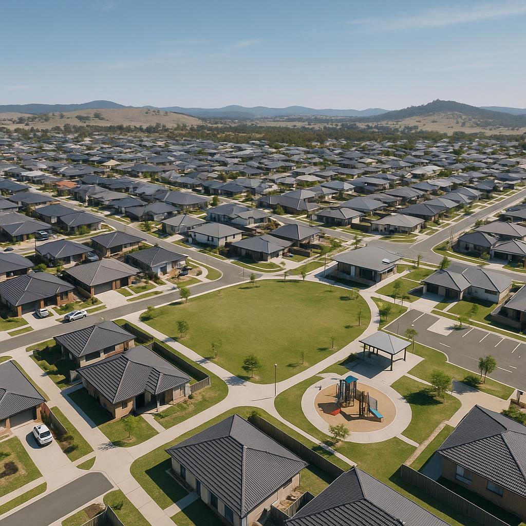 Aerial view of Taylor suburb highlighting parks and homes.
