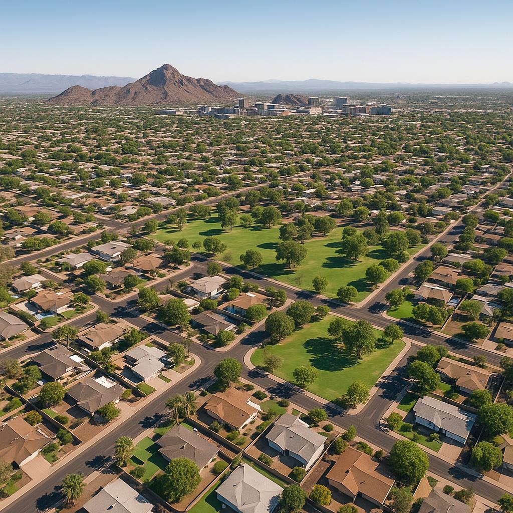 Aerial view of Tempe showing residential and park areas.