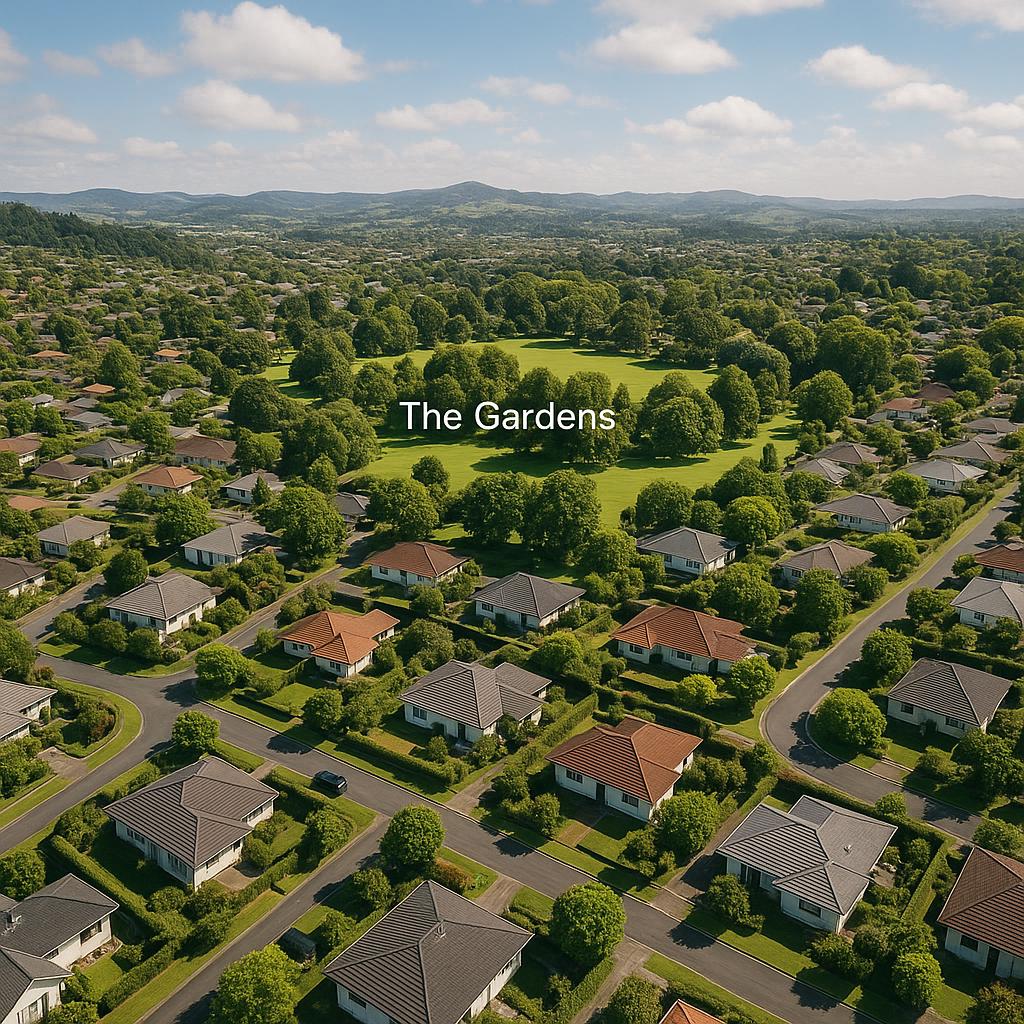 Scenic view of The Gardens suburb with homes and greenery
