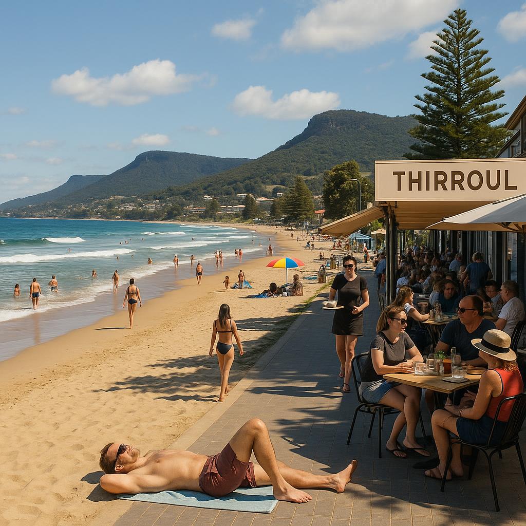 Thirroul beach with surfers and cafés