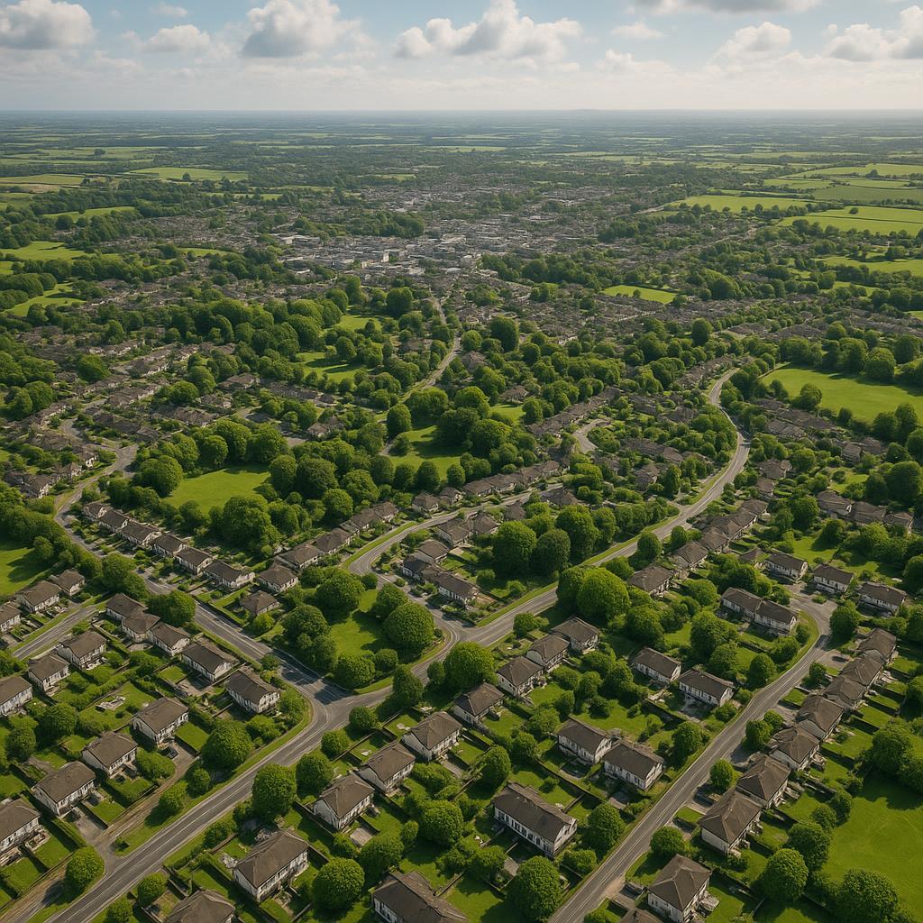 Aerial view of Naas showing residential areas and parks.