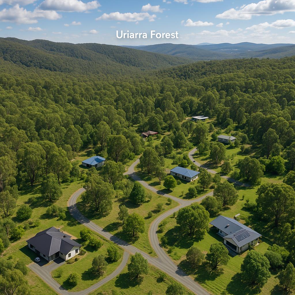 Scenic aerial view of Uriarra Forest demonstrating residential areas
