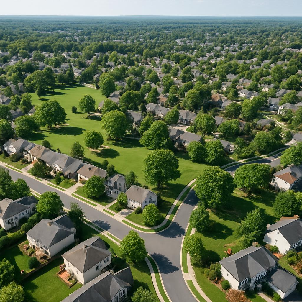 Aerial view of Virginia suburb with homes and greenery