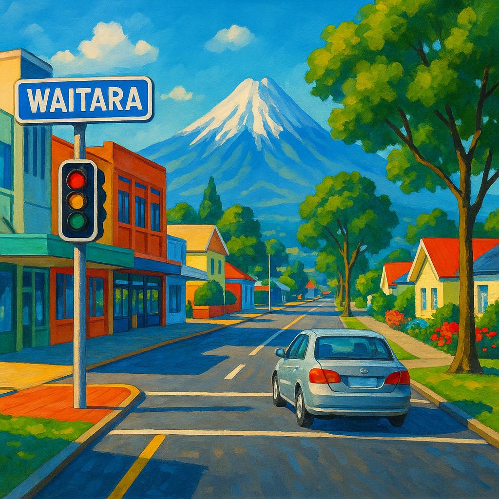 Street view of Waitara showcasing shops and greenery