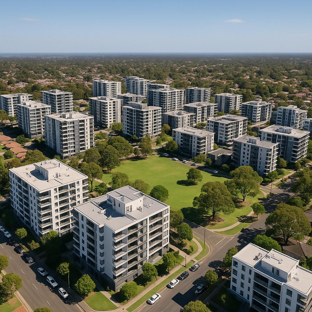 Aerial view of Warwick Farm with unit developments and parks.