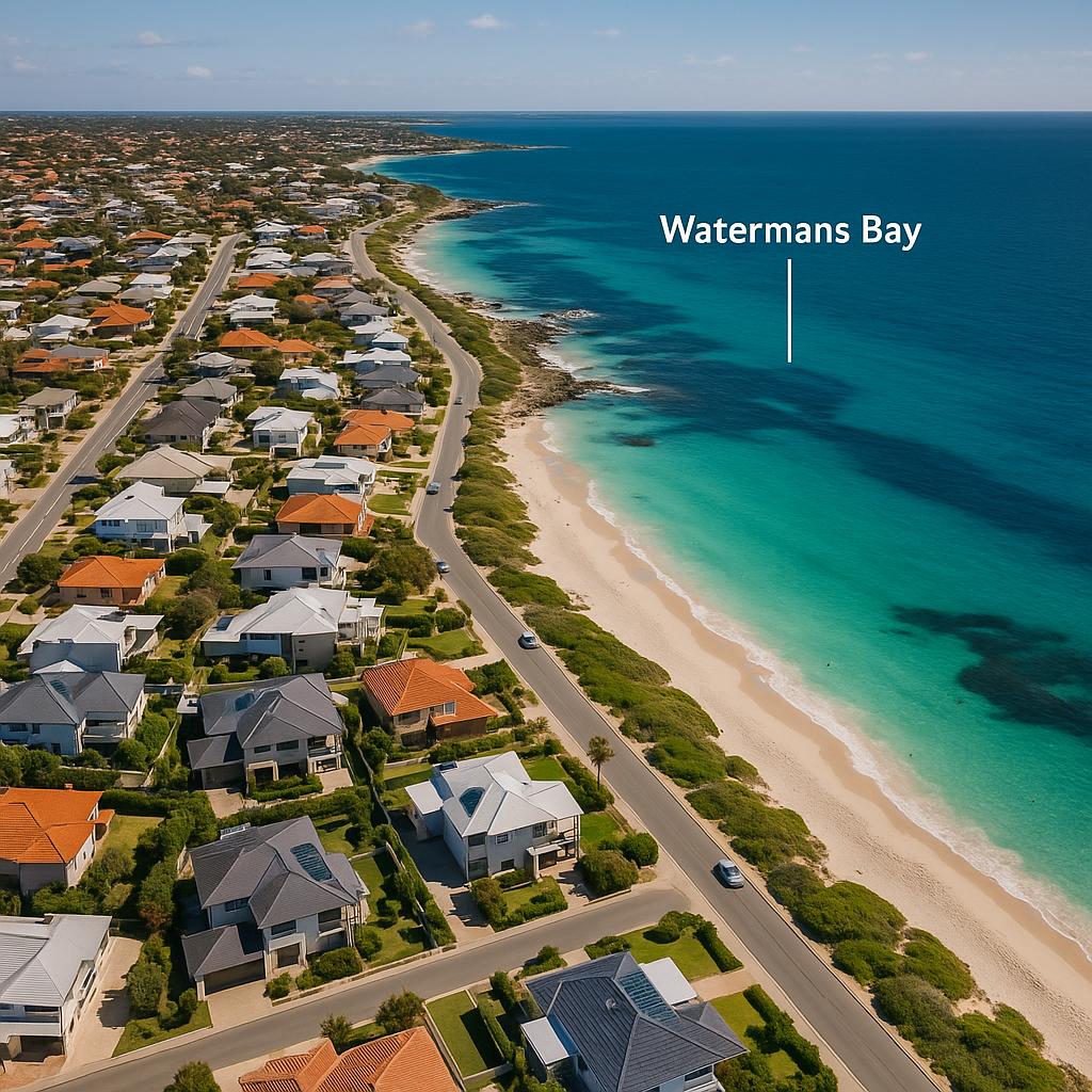Aerial view of Watermans Bay with clear waters and beachfront homes