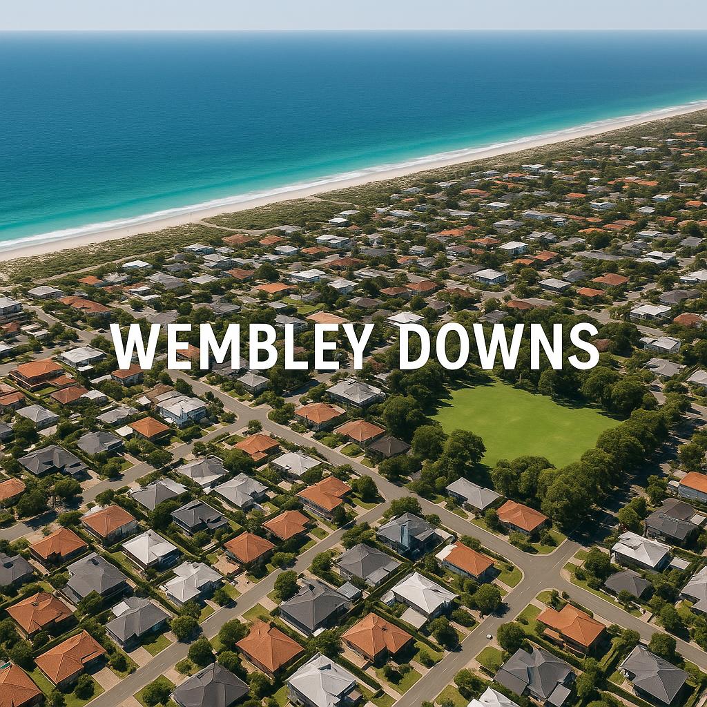 Aerial view showcasing Wembley Downs' coastal access and parks.