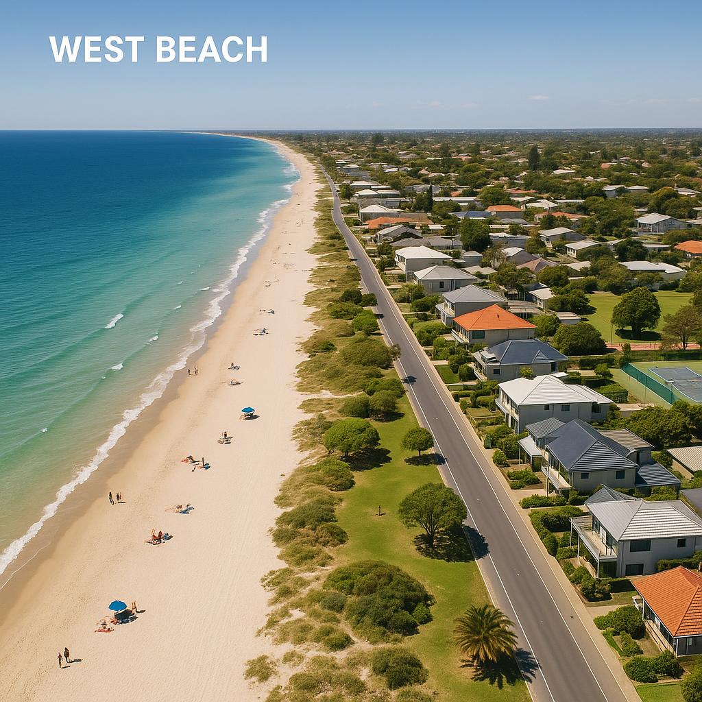 Coastal view of West Beach with houses and beach