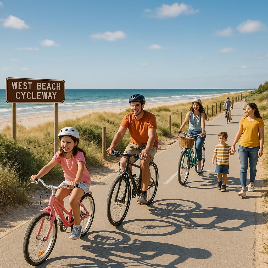 Cycleway in West Beach with cyclists and families