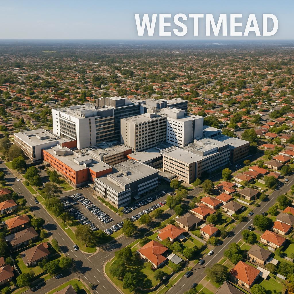 Aerial view of Westmead, highlighting key areas