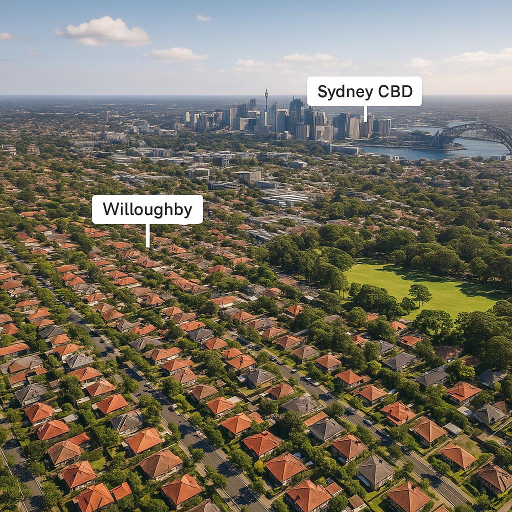 Aerial view of Willoughby, showcasing parks and proximity to the city.