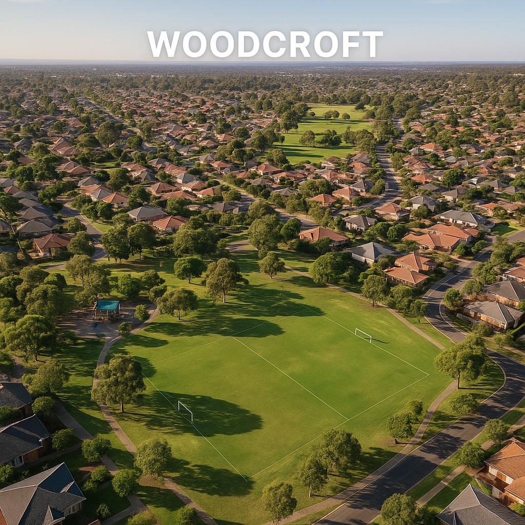 Aerial view of Woodcroft with green parks