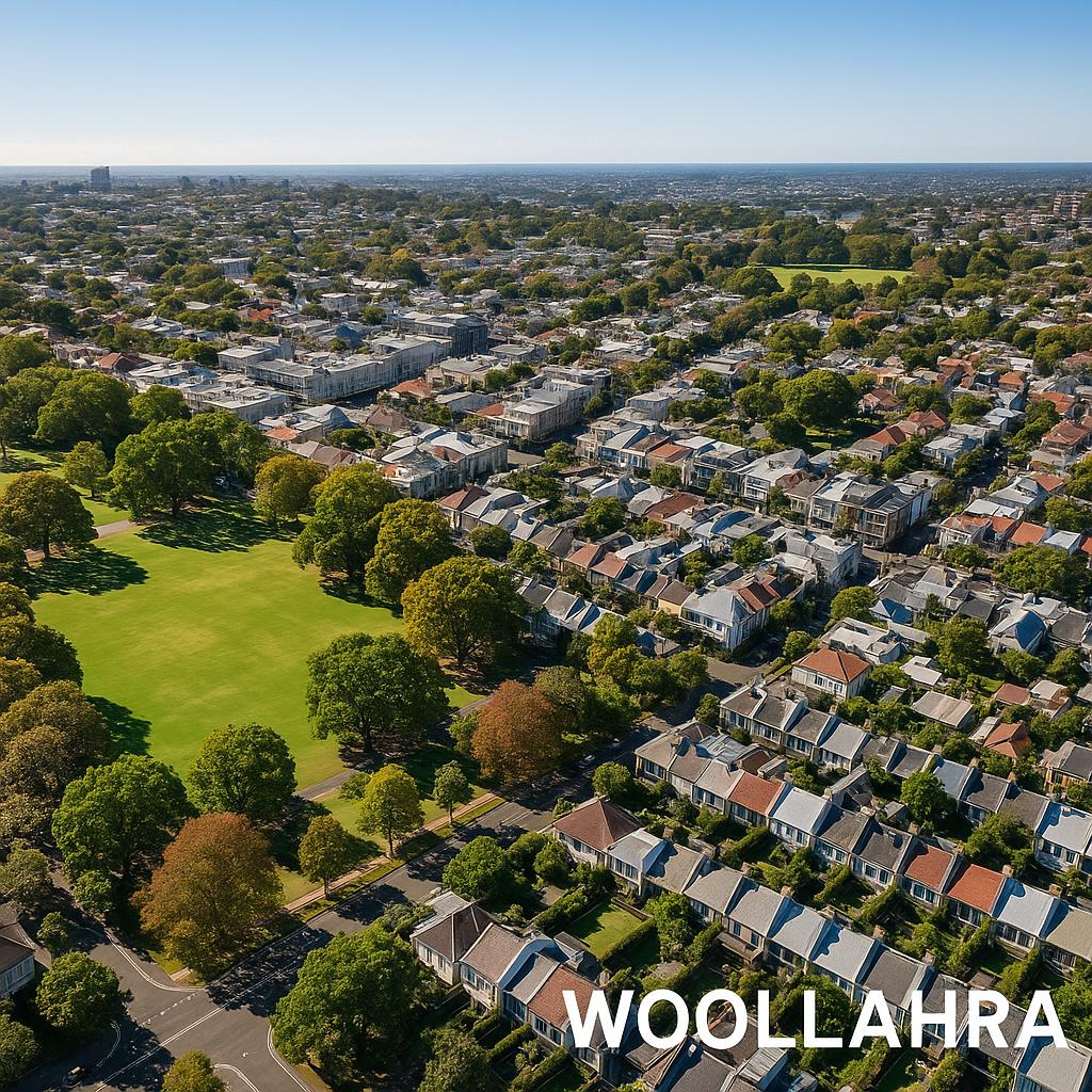 Aerial view of Woollahra with green spaces and urban buildings
