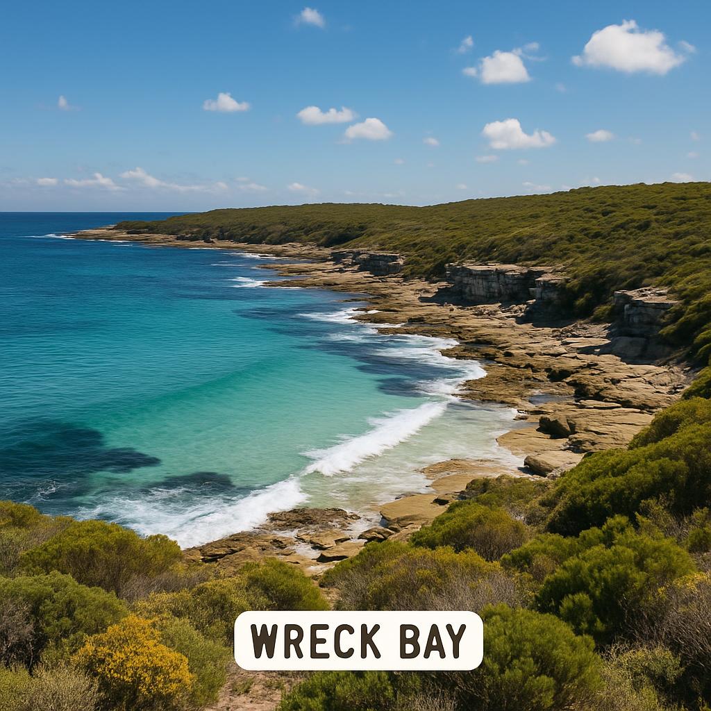 Scenic view of Wreck Bay with greenery and ocean