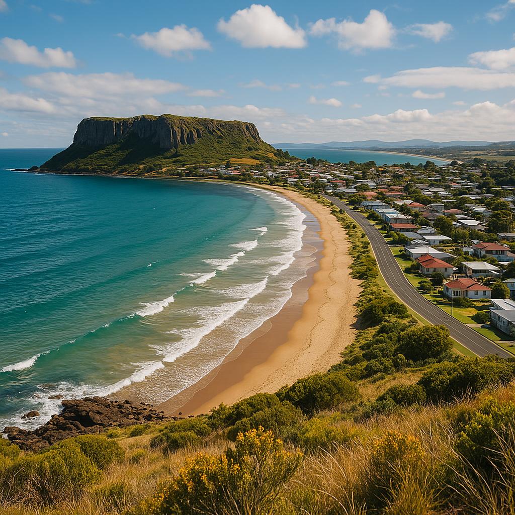 Coastal view of Wynyard, Tasmania with clear skies.