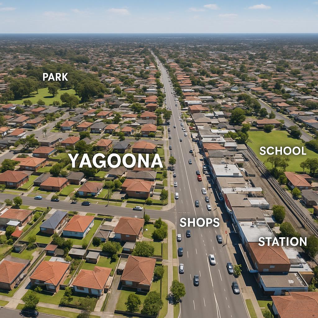 Aerial view of Yagoona showing homes and parks