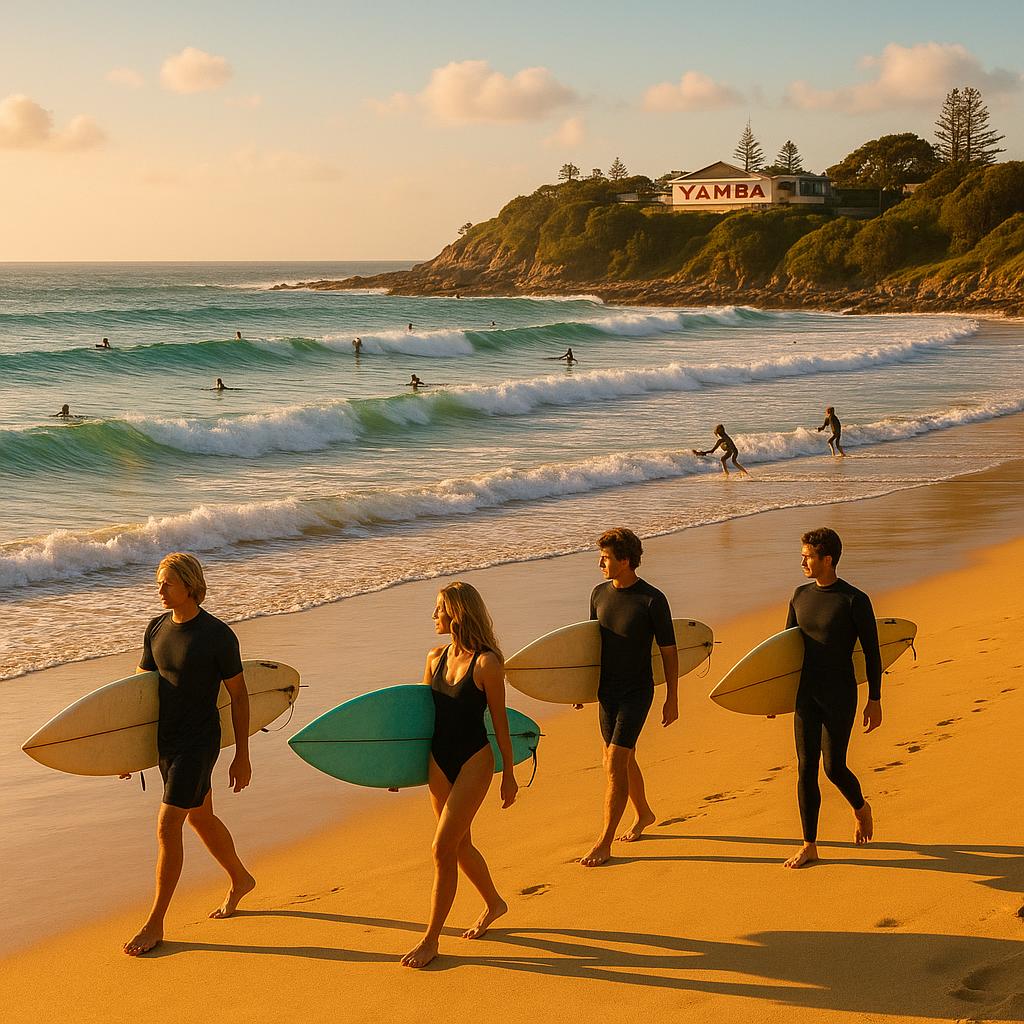 Yamba beach with surfers enjoying the waves