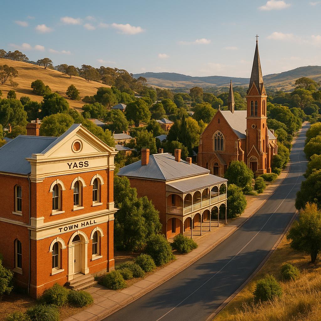 Scenic view of heritage buildings and natural landscape in Yass