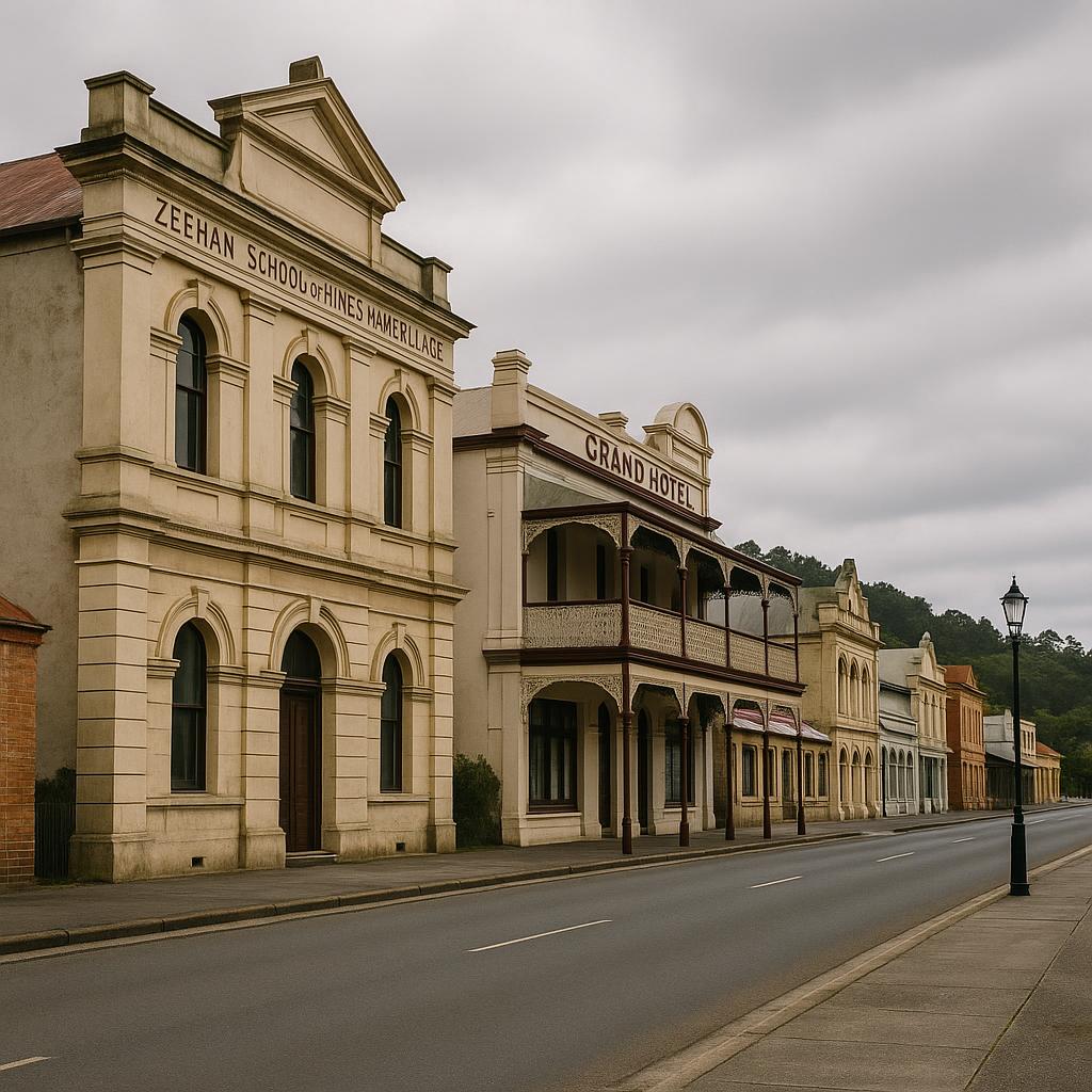 Zeehan streetscape featuring historical architecture