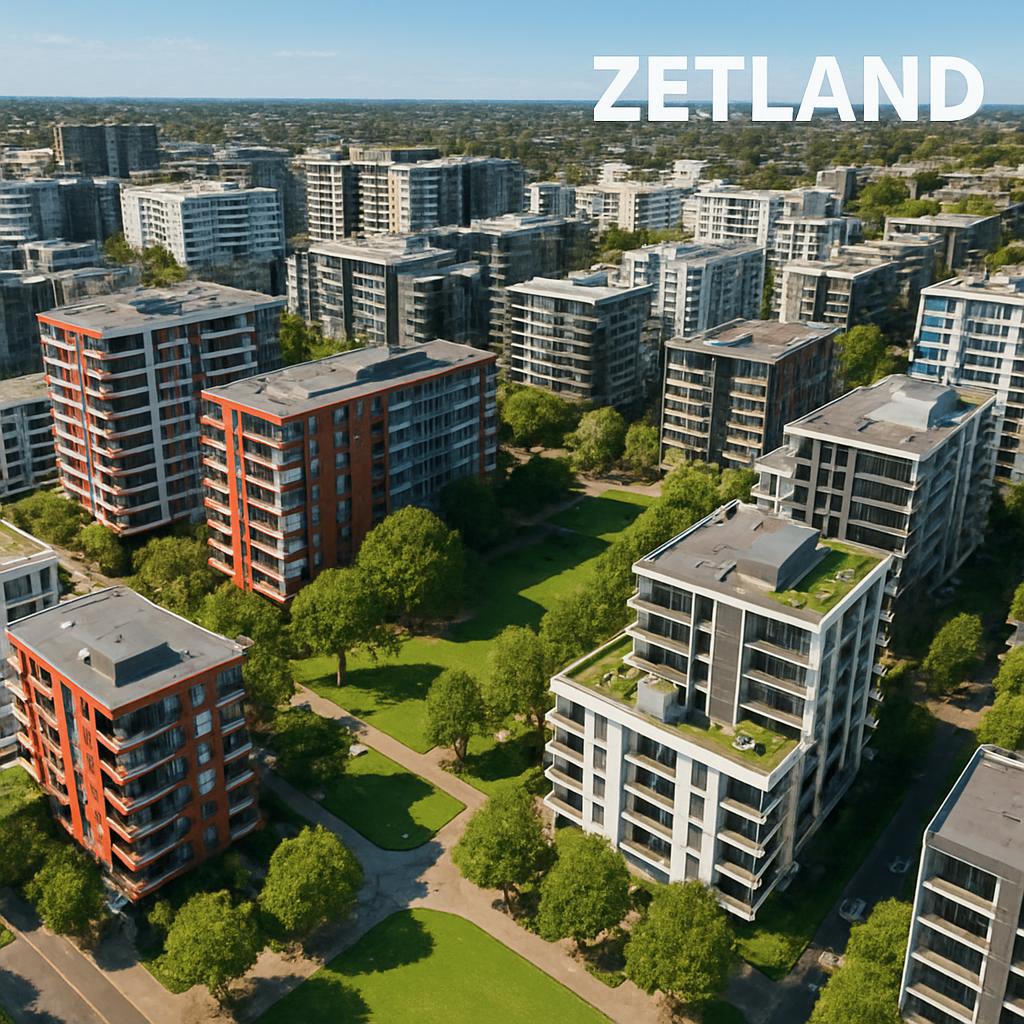 Aerial view of Zetland highlighting residential buildings and parks