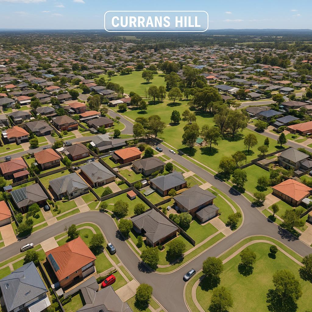 Aerial view of Currans Hill with houses and green spaces.