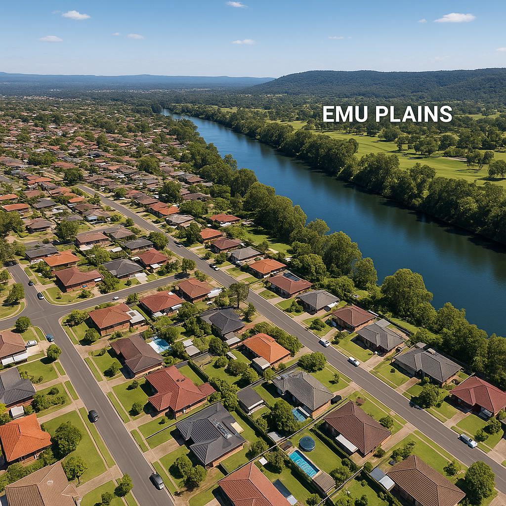 Aerial view of Emu Plains residential area near river.