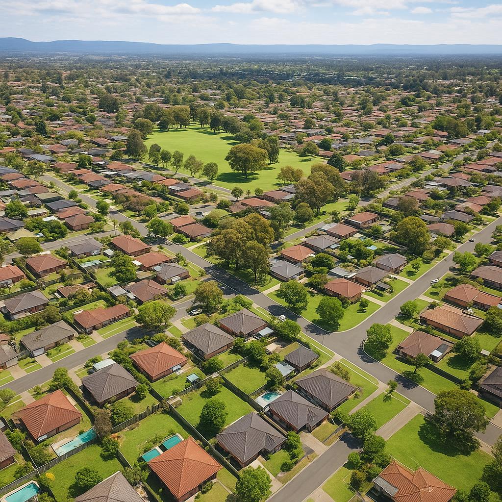 Aerial view of Jamisontown with parks and houses