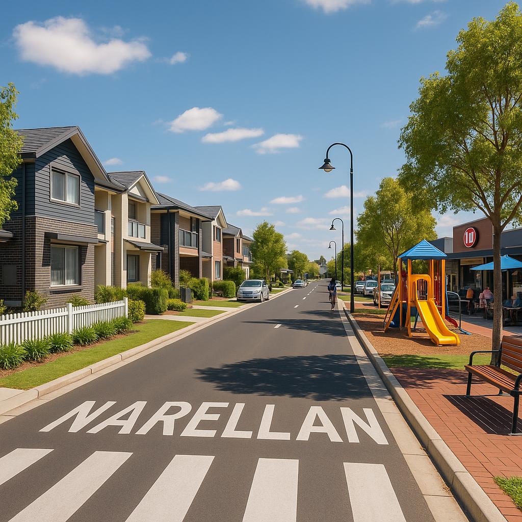 Street view of Narellan with modern family homes and amenities.