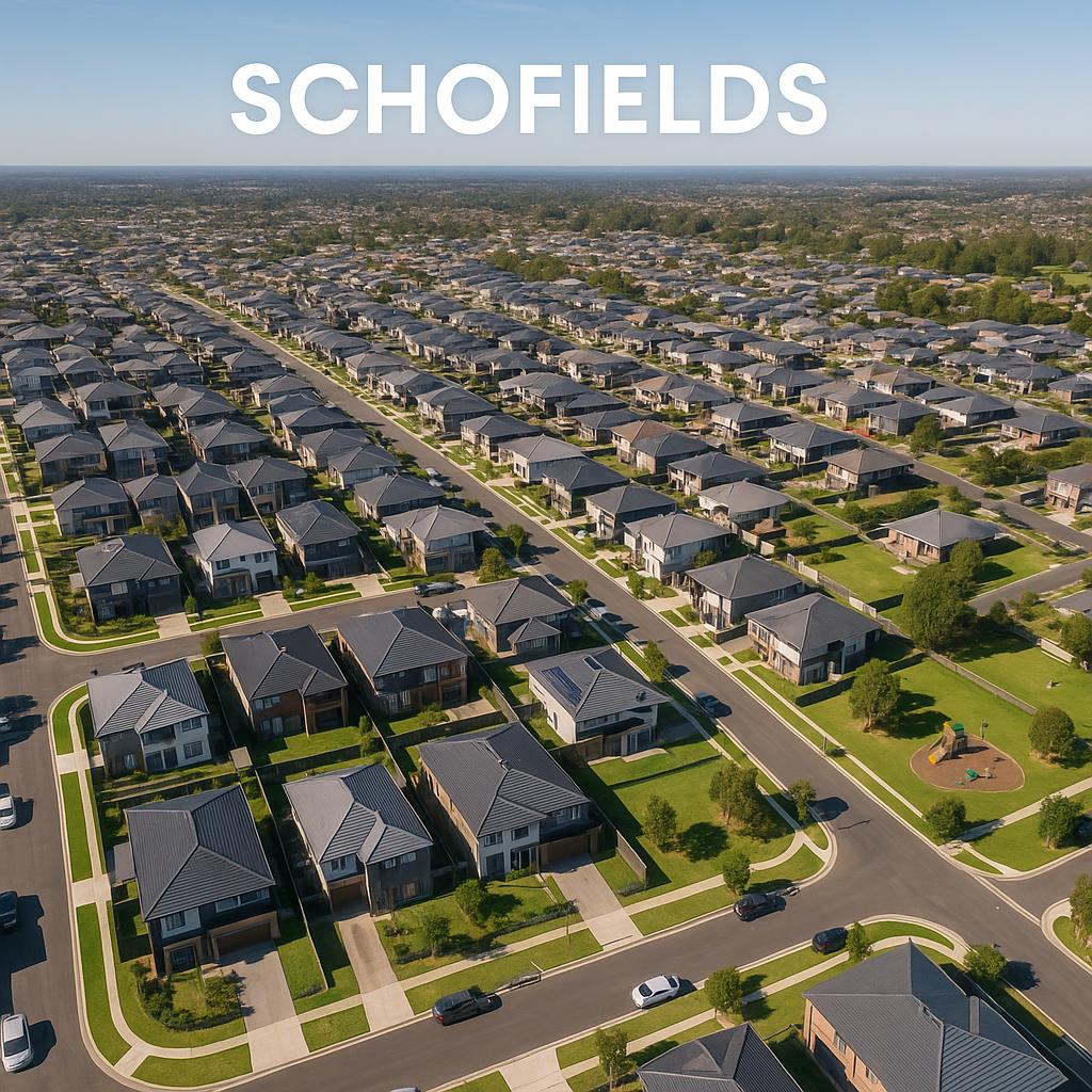 Aerial view of Schofields suburb with parks and homes