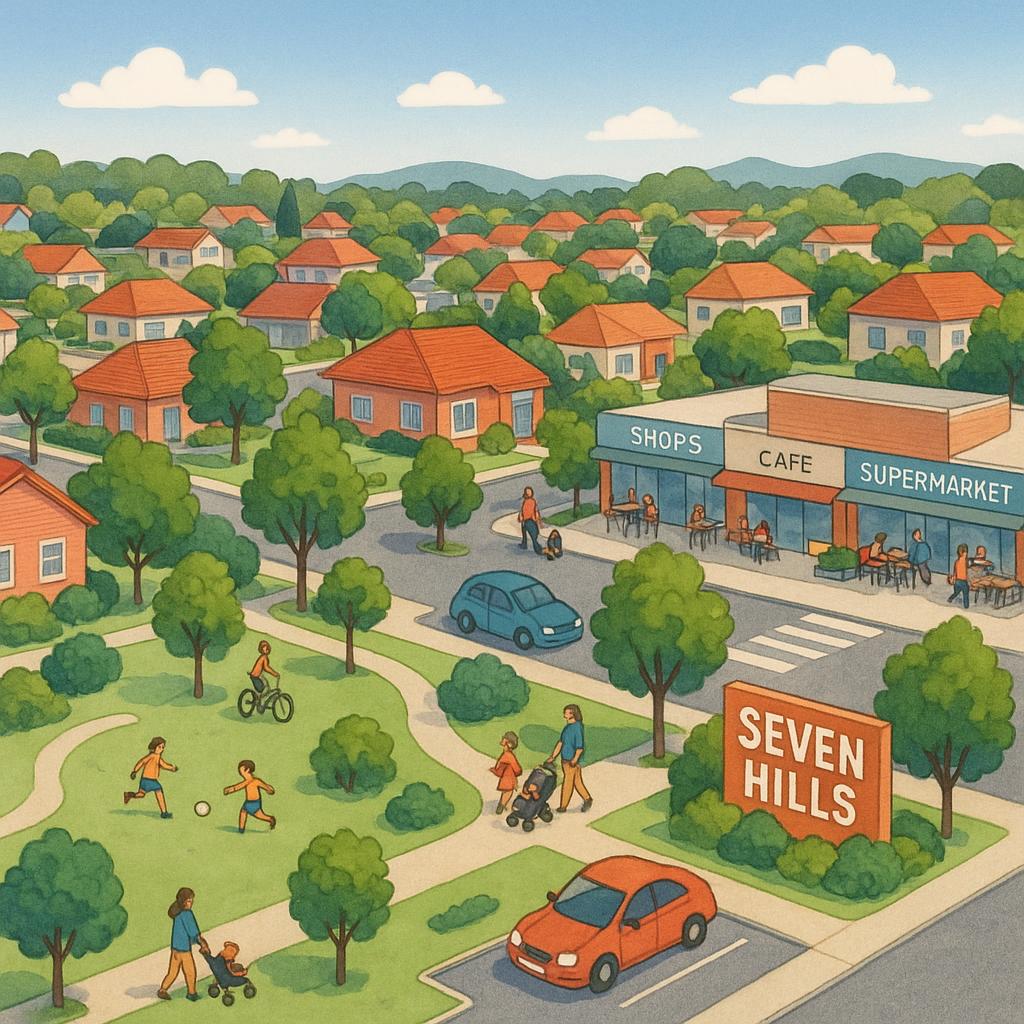 Community view in Seven Hills, showcasing parks and residences.