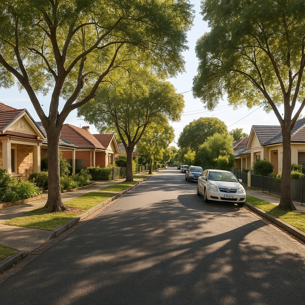 Adelaide suburban street with established homes and mature trees