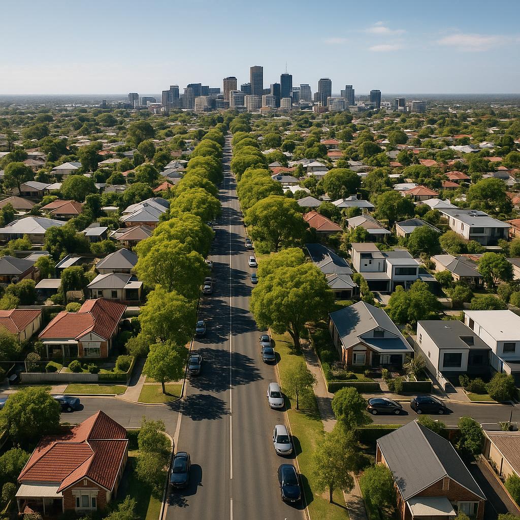 Adelaide suburban streetscape with mixed housing and CBD skyline